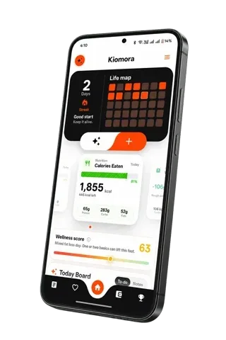 Kiomora Home dashboard with Life Map, Today Board, and Wellness Score